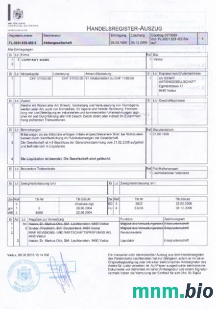 Liechtenstein vcertyfikat of inkorporacja Word i szablon PDF